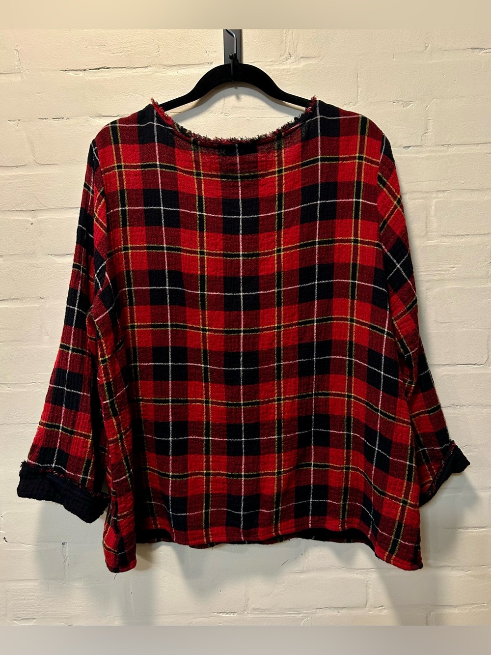Habitat Plaid Pocket Pullover Top Red Black Crinkle Gauze Lagenlook Size L 75810 - Picture 5 of 6